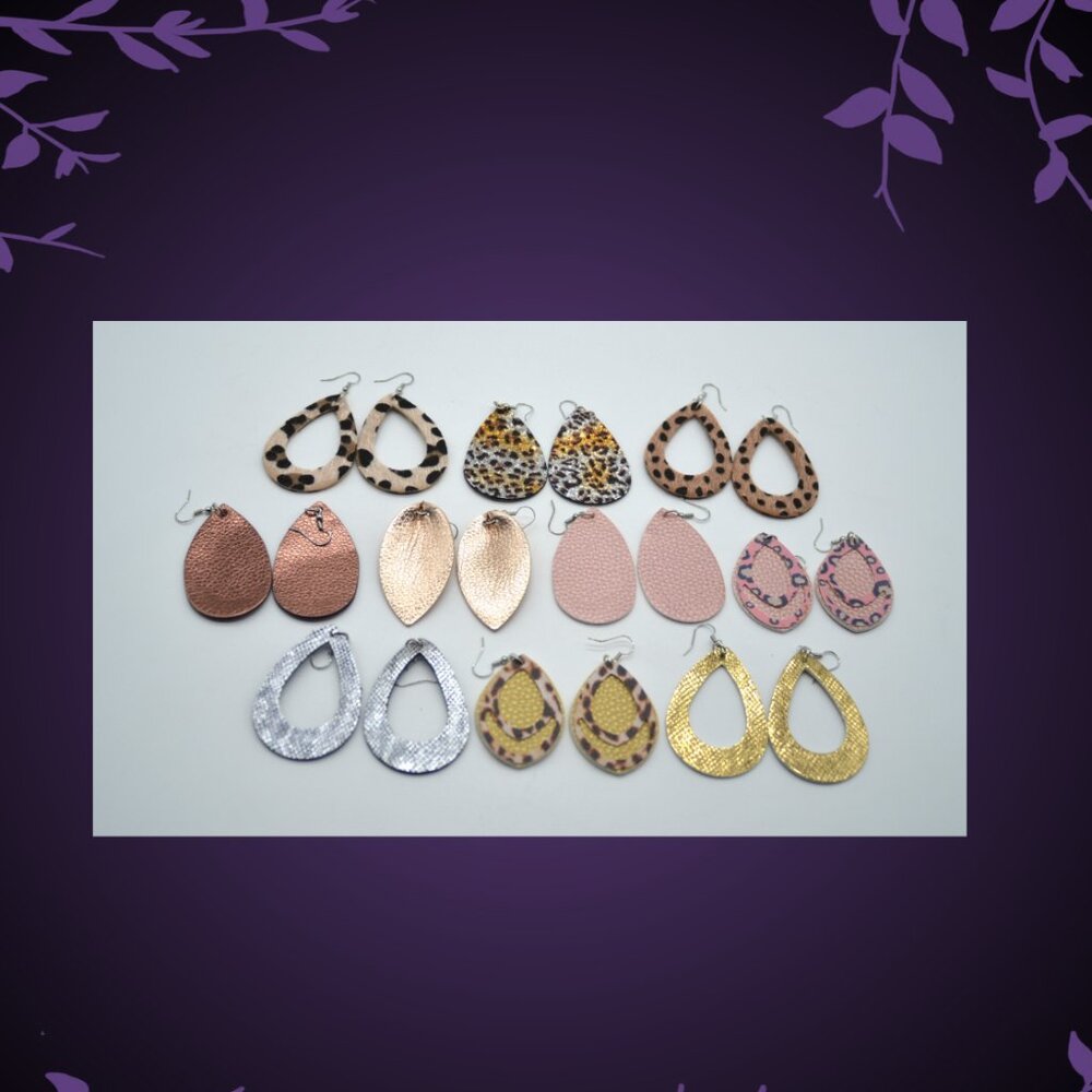 Earrings Fashion Faux Leather Pkg of 10 Pair Metalics Animal Print Set#1 D-3